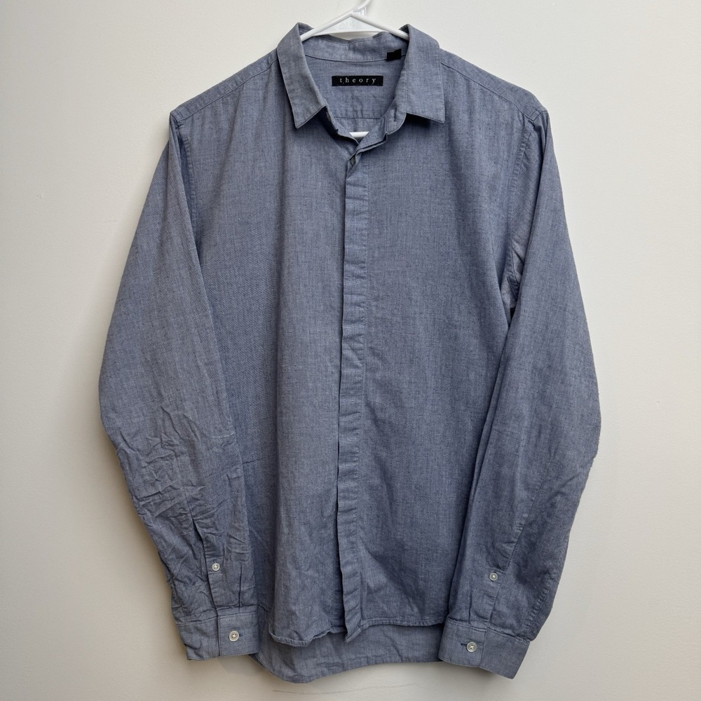 Theory Women's Small‎ Collared Long Sleeve Fitted Button Down Top Blue Cotton